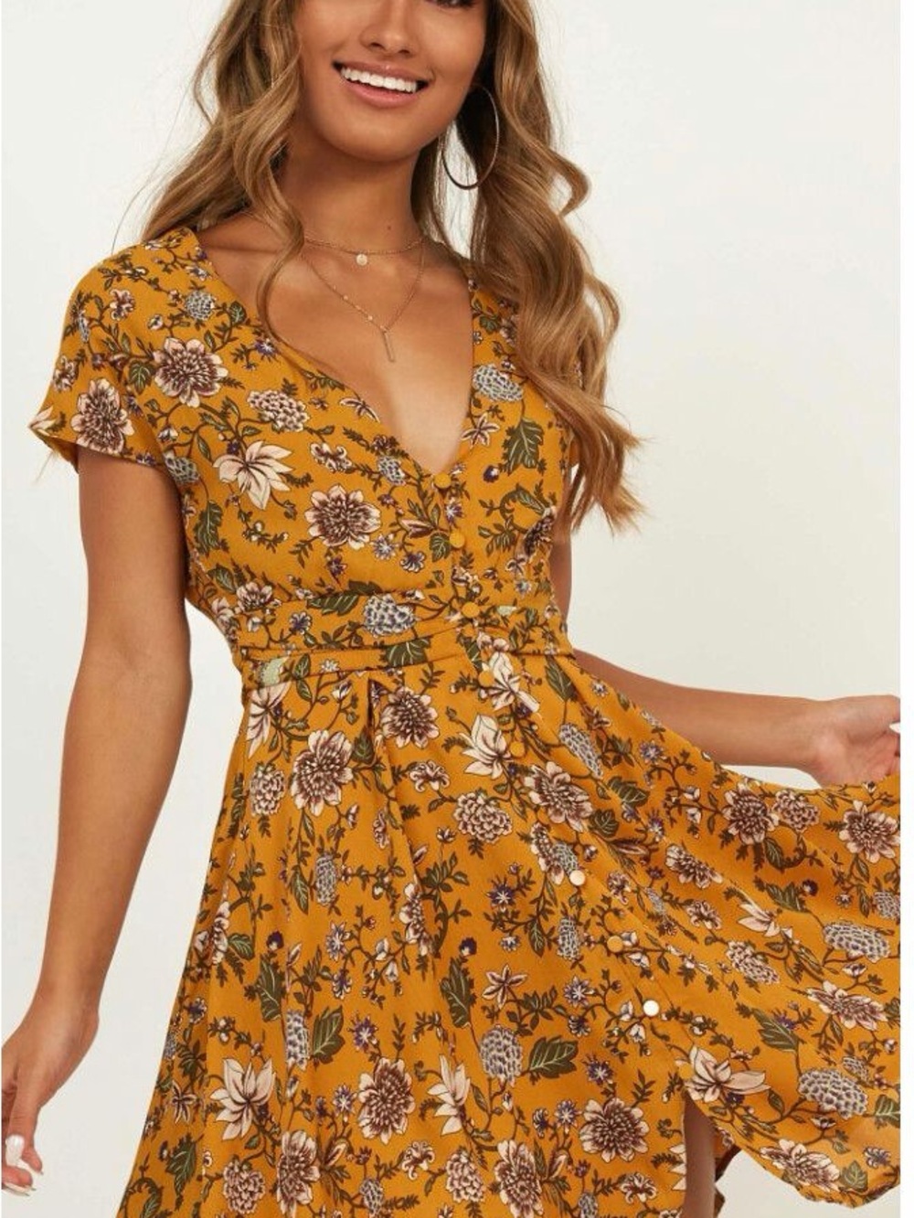 Showpo Floral V-Neck Mustard Wrap Dress